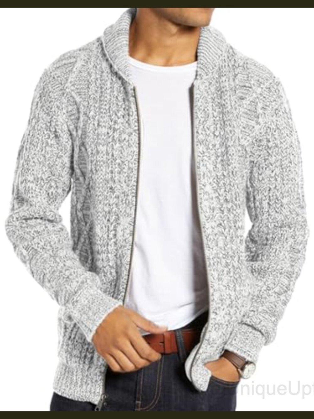 Men's Cable Knit Shawl Collar Zip Up Cardigan Sweater Acrylic